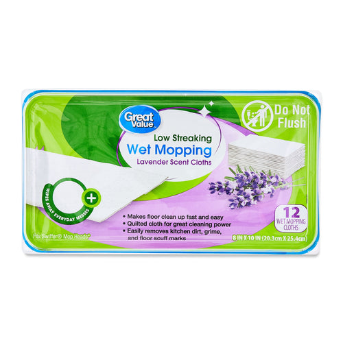 Rectangular plastic package of Great Value low streaking wet mopping cloths with lavender graphic and product label