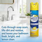 Great Value Lemon Scent Foaming Bathroom Cleaner can placed on a bathroom counter with faucet and towels in background