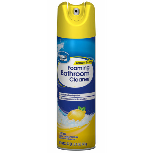 Studio-style front view of Great Value Lemon Scent Foaming Bathroom Cleaner aerosol can with lemon graphic