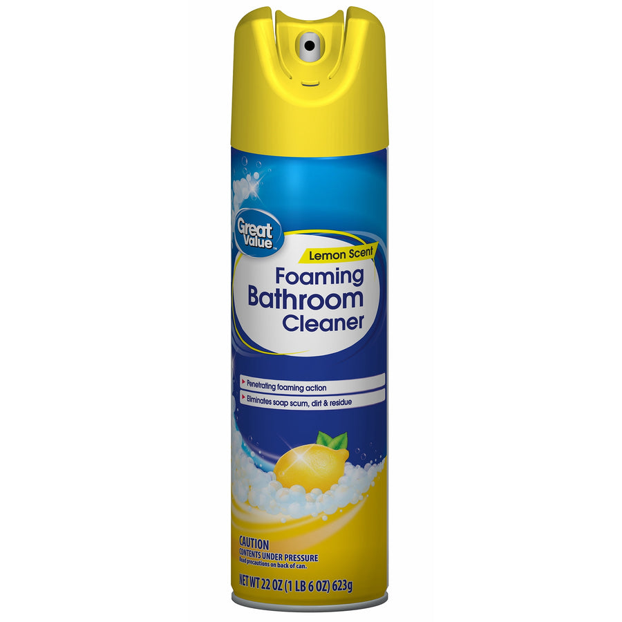 Studio-style front view of Great Value Lemon Scent Foaming Bathroom Cleaner aerosol can with lemon graphic
