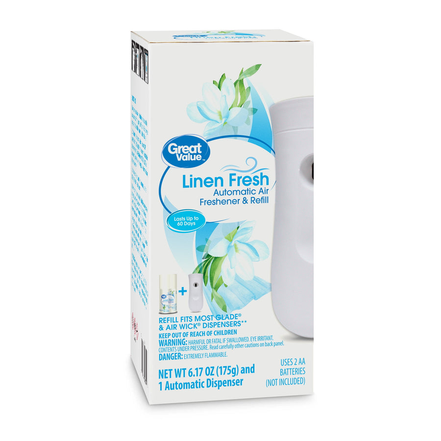 Great Value Linen Fresh automatic air freshener and refill retail box showing brand and floral graphic on front.