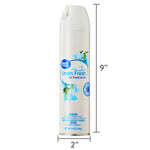 Great Value Linen Fresh aerosol can with dimensions overlay indicating 9 inches tall and 2 inches wide on white background