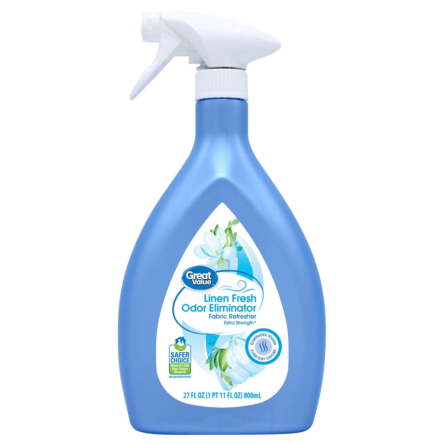 Blue Great Value Linen Fresh fabric refresher spray bottle with white trigger and front product label