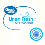 Graphic close-up of Great Value Linen Fresh Air Freshener logo and circular badge that reads eliminates tough everyday odors