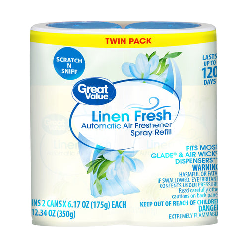 Twin pack of Great Value Linen Fresh automatic air freshener spray refill packaging with floral graphic