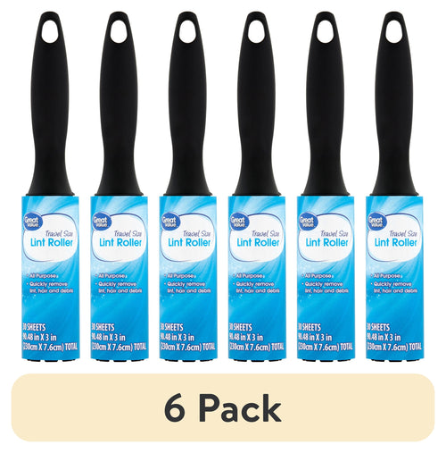 Six Great Value travel-size lint rollers with black handles and blue product labels shown in a row above a beige banner reading “6 Pack.”