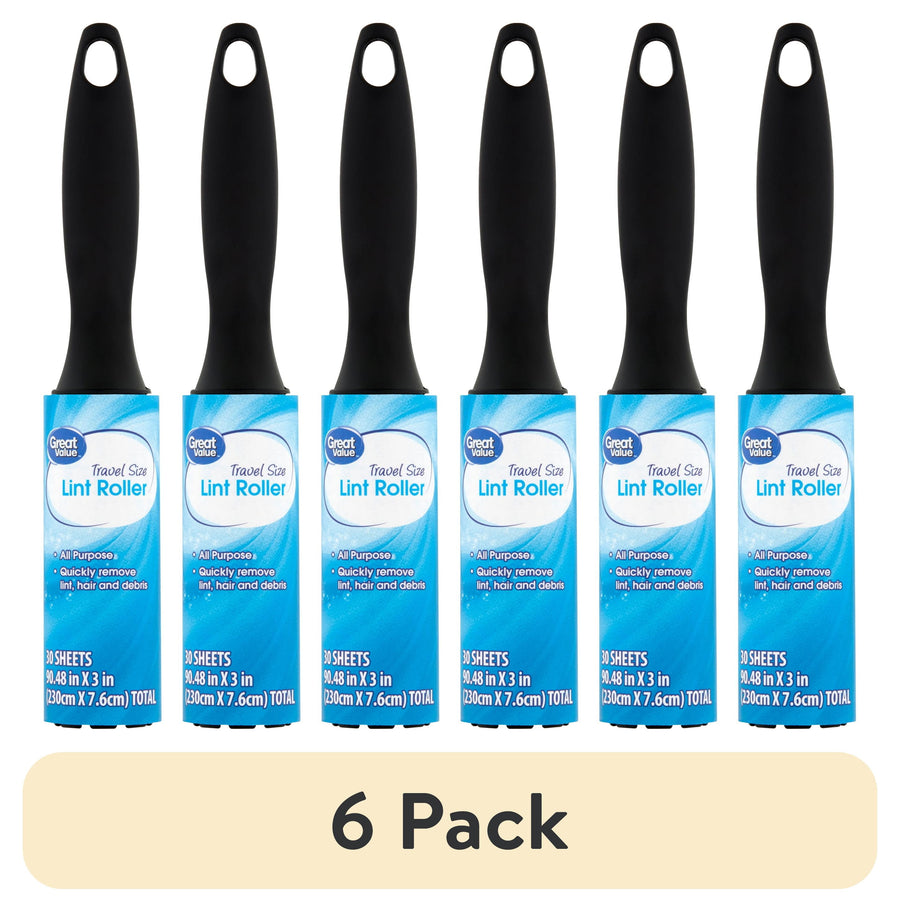 Six Great Value travel-size lint rollers with black handles and blue product labels shown in a row above a beige banner reading “6 Pack.”