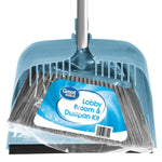 Close-up of a blue Great Value lobby broom head packed inside a matching dustpan with label visible