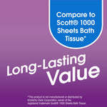 Purple promotional panel reading "Long-Lasting Value" with blue badge comparing product to Scott® 1000 Sheets Bath Tissue