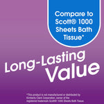 Purple infographic panel reading "Long-Lasting Value" with a callout comparing to Scott 1000 Sheets Bath Tissue