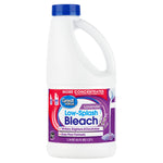 Great Value Low-Splash Bleach bottle with lavender label and blue cap on white background, front product view