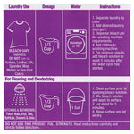 Close-up instructional panel showing laundry and cleaning usage icons, dosage measures and step-by-step directions on purple background