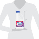 Silhouette size chart showing a Great Value Low-Splash Bleach bottle with a 9-inch height indicator held by a grayscale figure