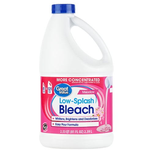 Great Value Low-Splash Bleach Meadow scent bottle with pink label and blue cap on white background