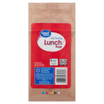 Back of Great Value brown kraft lunch bag package showing red product label, barcode, and quality guarantee panel.
