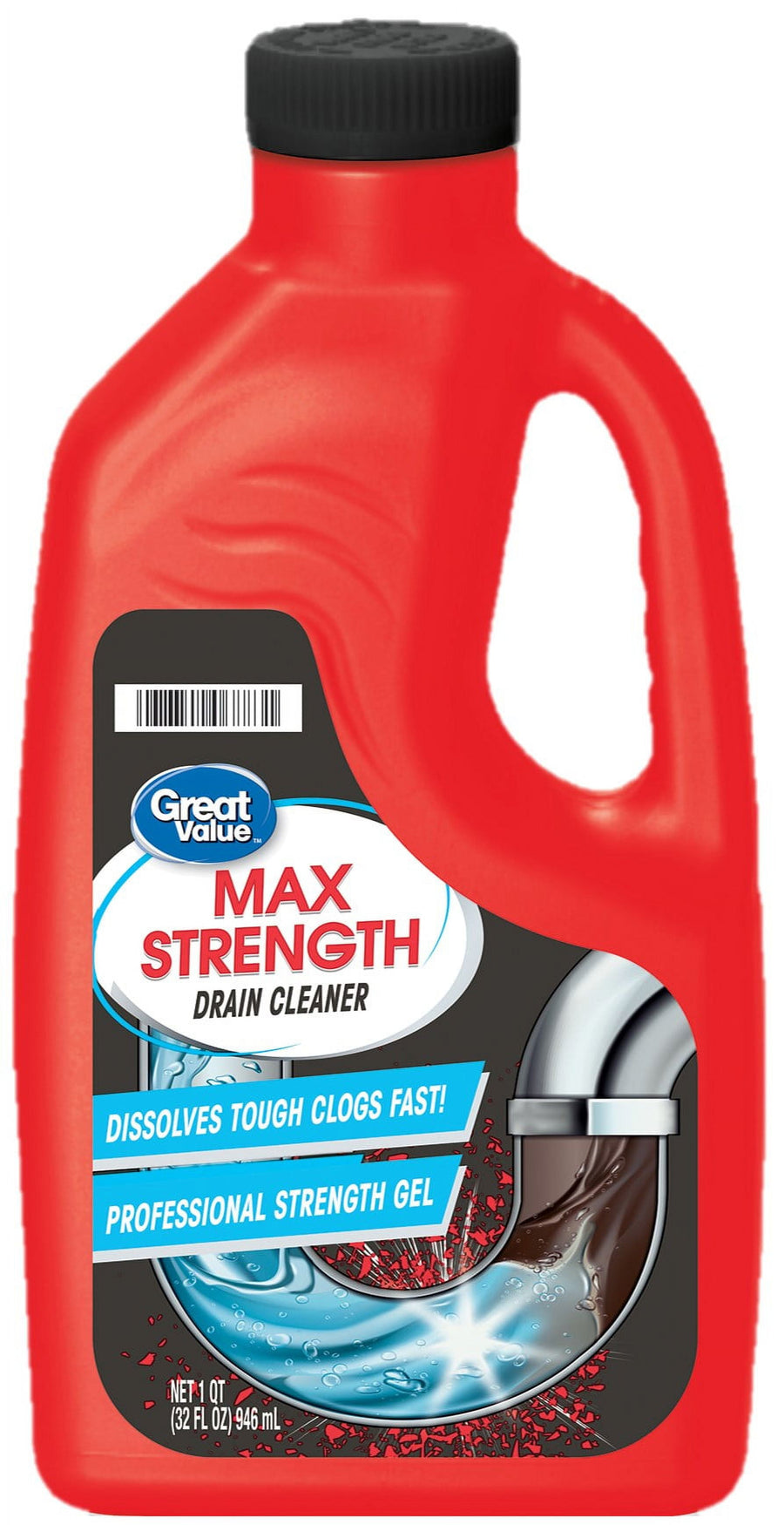 Red Great Value Max Strength drain cleaner bottle with black cap and label showing a pipe graphic and strength claims