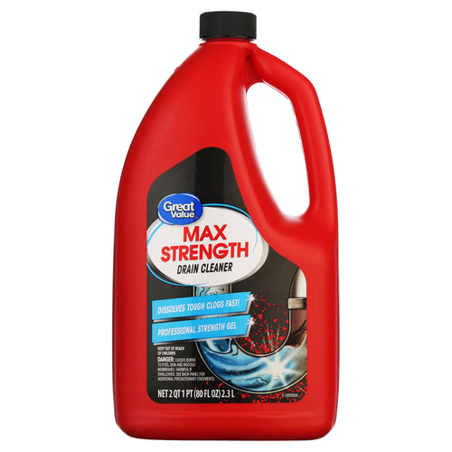 Red Great Value Max Strength drain cleaner jug with handle and black cap, product label visible