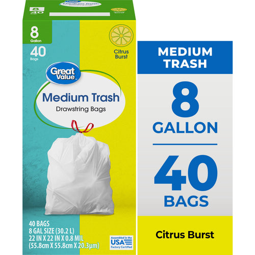 Boxed Great Value medium drawstring trash bags package with citrus burst branding and white tied trash bag image