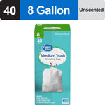 Packaged Great Value medium trash bags box against white background with header showing 8 gallon, 40, unscented