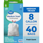 Front-facing box of Great Value Medium Trash drawstring bags showing a tied white trash bag and text for 8 gallon, 40 bags, fresh scent.
