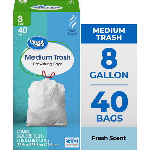 Front-facing box of Great Value Medium Trash drawstring bags showing a tied white trash bag and text for 8 gallon, 40 bags, fresh scent.