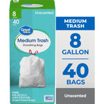 Great Value teal box of medium drawstring trash bags with a tied white garbage bag illustration on front