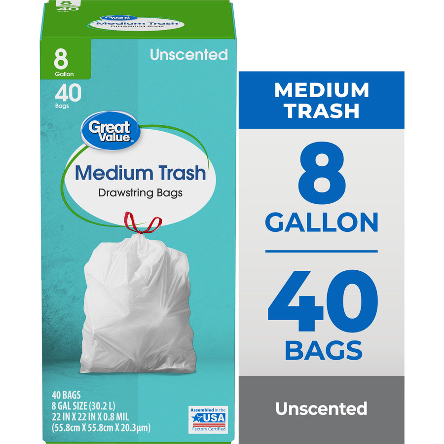 Great Value teal box of medium drawstring trash bags with a tied white garbage bag illustration on front