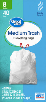 Close-up of Great Value Medium Trash drawstring bag packaging art with a tied white bag, brand logo and text indicating 8 gallon and 40 bags.