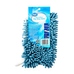 Rear view of blue chenille mop refill showing product information panel, small illustrations and a barcode on the header card.