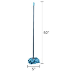 Full-length blue-handled mop on white background with graphic dimensions showing 50 inches tall and 5 inches wide.