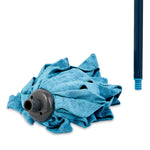 Detatched blue microfiber mop head and the threaded end of a dark mop handle on a white background.