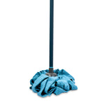 Close-up of a blue microfiber mop head attached to a dark handle on a white background.