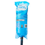 Blue plastic-wrapped packaged microfiber cloth mop with visible product label and part of the handle.