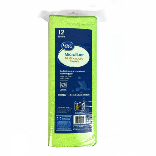 Packaged Great Value microfiber multipurpose towels in clear plastic with blue product label, neon green towel visible.