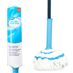 Great Value microfiber twist mop head in packaging next to mop handle and white-blue microfiber head on white background