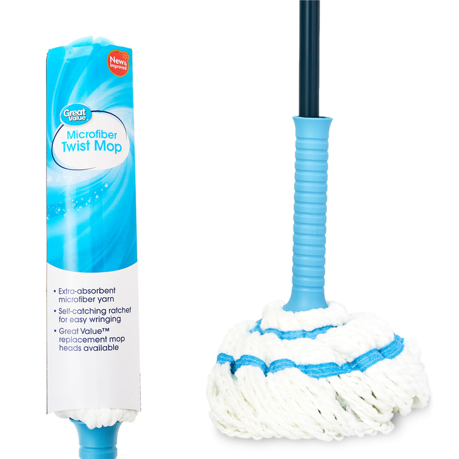 Great Value microfiber twist mop head in packaging next to mop handle and white-blue microfiber head on white background