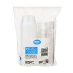 Back view of a clear poly bag of Great Value mini cups and lids showing logo, barcode, and instructions