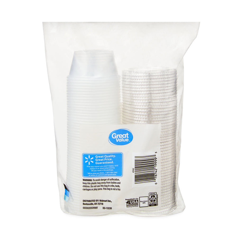 Back view of a clear poly bag of Great Value mini cups and lids showing logo, barcode, and instructions