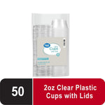 Clear Great Value mini cups with lids in retail packaging showing product label and 50 count callout
