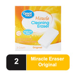 Front-facing Great Value Miracle Cleaning Eraser box with product name, sponge image and orange-yellow background.