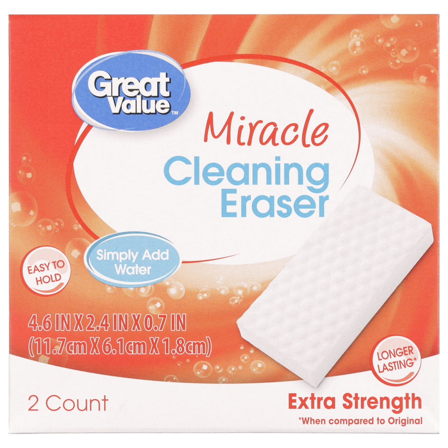 Great Value Miracle Cleaning Eraser retail box with product name and orange graphic background
