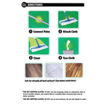 Instruction panel with four illustrated steps: connect poles, attach cloth, clean, toss cloth and three flooring swatches