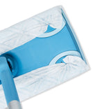 Close-up of blue mop head underside with disposable cloth attached around circular fasteners and fabric edges