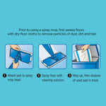 Instruction panel with three illustrated steps for attaching, spraying, and disposing a spray mop pad