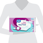 Silhouette scale image showing a person holding a Great Value Deep Cleaning Mop Pads box with measurement markings