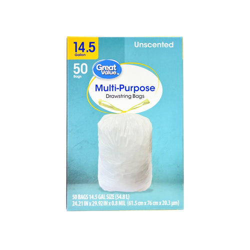 Single Great Value Multi-Purpose drawstring bag box with teal background and image of a rolled white trash bag on front