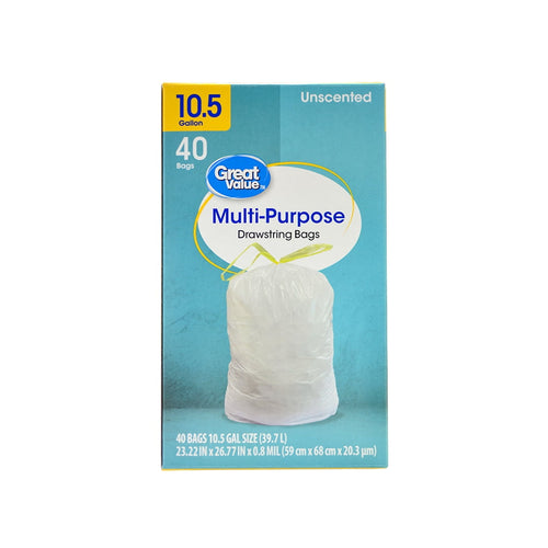 Front-facing Great Value Multi-Purpose drawstring bags box showing 10.5 gallon size and 40 bags on teal background