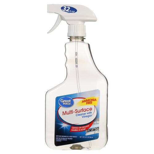 Clear Great Value spray bottle labeled Multi-Surface Cleaner with Vinegar, white trigger and ammonia-free callout