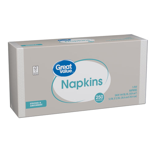 Angled Great Value napkins box with teal accent, logo and '250 napkins' circle on front