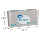 Great Value napkins box with illustrated dimensions arrows showing 12.5 x 6.25 x 3.9 inches